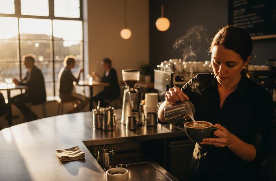 Dynamic professional Camberwell Advertising Photography to Elevate Local Brands showing a local cafe owner proudly presenting a freshly brewed coffee, bathed in warm morning light, capturing the essence of their brand in Camberwell.