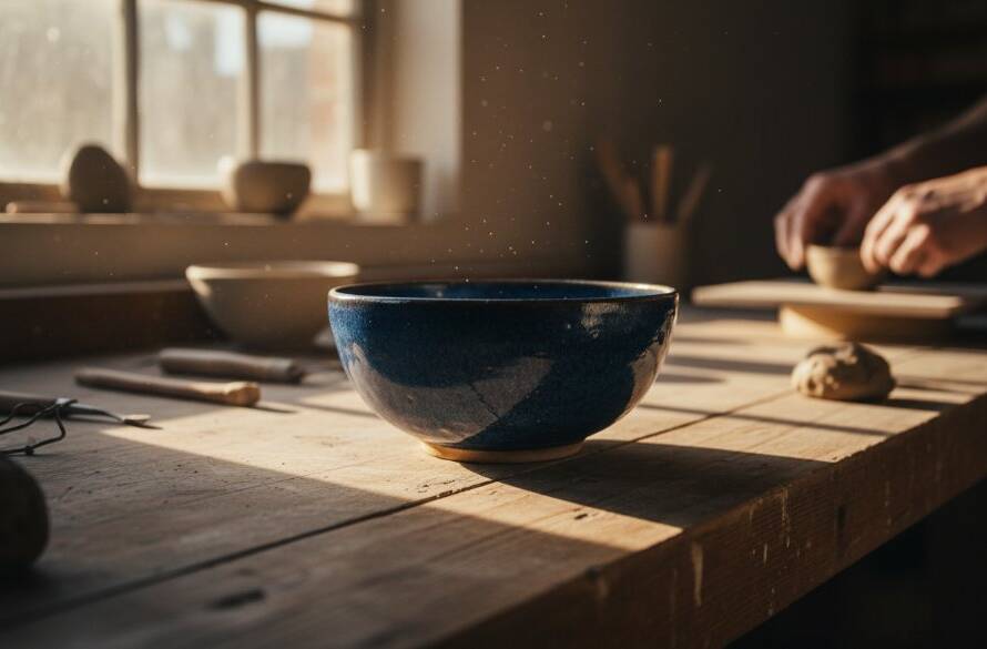 Dramatic, high-key shot of a handcrafted ceramic vase, beautifully lit against a soft, textured background in a Camberwell studio, illustrating exceptional Camberwell artisan product photography for local makers.