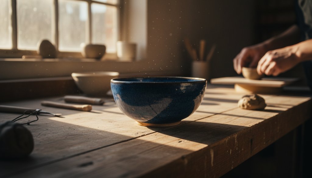 Dramatic, high-key shot of a handcrafted ceramic vase, beautifully lit against a soft, textured background in a Camberwell studio, illustrating exceptional Camberwell artisan product photography for local makers.