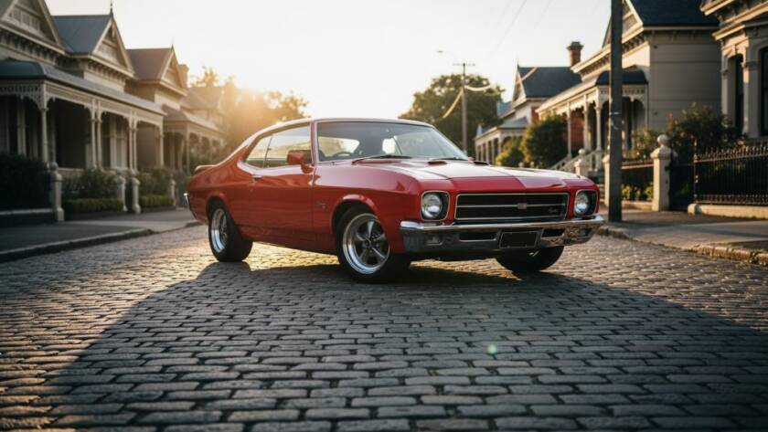 Dramatic low-angle shot of a gleaming vintage Australian muscle car, expertly photographed in Camberwell, showcasing exceptional Camberwell Classic Car Photography Expertise Melbourne with golden hour light reflecting off its polished chrome, hinting at movement and power against a backdrop of historic architecture.