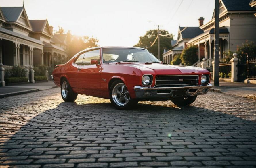 Dramatic low-angle shot of a gleaming vintage Australian muscle car, expertly photographed in Camberwell, showcasing exceptional Camberwell Classic Car Photography Expertise Melbourne with golden hour light reflecting off its polished chrome, hinting at movement and power against a backdrop of historic architecture.