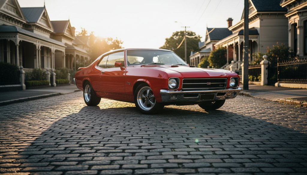 Dramatic low-angle shot of a gleaming vintage Australian muscle car, expertly photographed in Camberwell, showcasing exceptional Camberwell Classic Car Photography Expertise Melbourne with golden hour light reflecting off its polished chrome, hinting at movement and power against a backdrop of historic architecture.