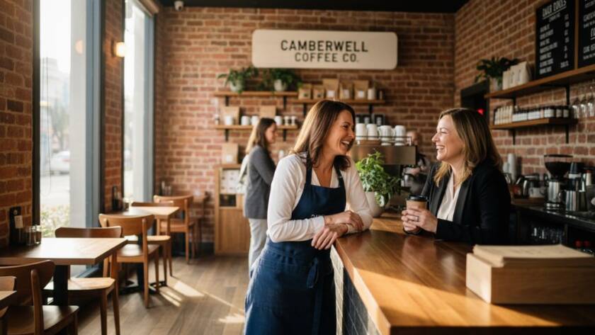 An inspiring wide-angle shot showcasing a local Camberwell business owner passionately engaging with a client amidst the vibrant atmosphere of a busy Camberwell cafe, illuminated by soft morning light, expertly captured to highlight Camberwell Commercial Photography Expertise for Local Branding.