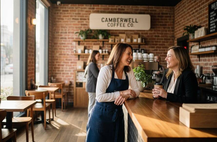 An inspiring wide-angle shot showcasing a local Camberwell business owner passionately engaging with a client amidst the vibrant atmosphere of a busy Camberwell cafe, illuminated by soft morning light, expertly captured to highlight Camberwell Commercial Photography Expertise for Local Branding.