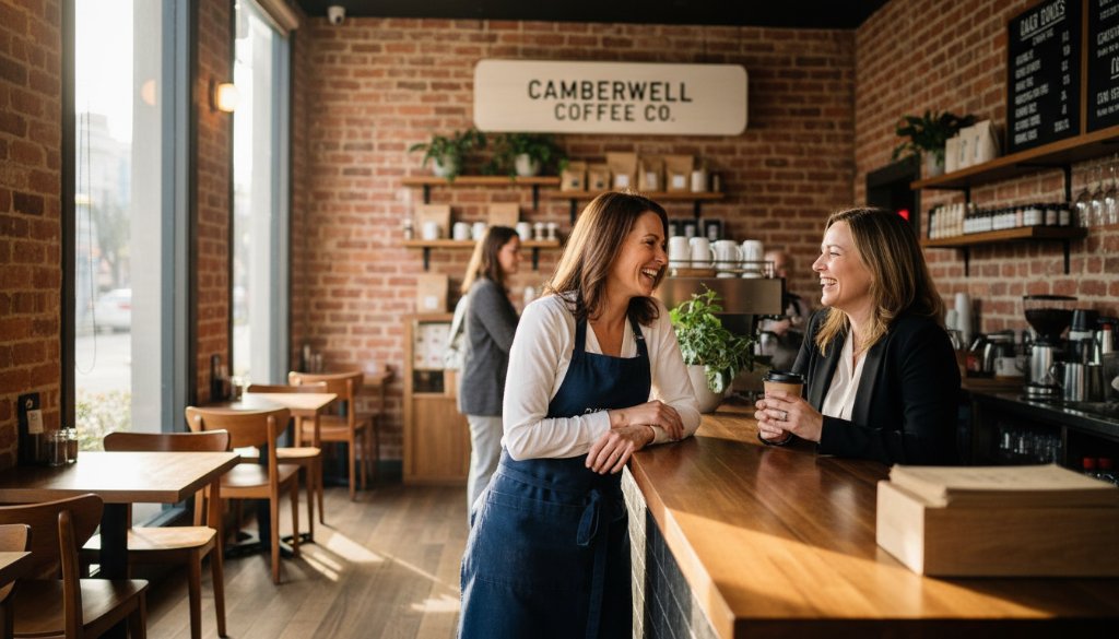 An inspiring wide-angle shot showcasing a local Camberwell business owner passionately engaging with a client amidst the vibrant atmosphere of a busy Camberwell cafe, illuminated by soft morning light, expertly captured to highlight Camberwell Commercial Photography Expertise for Local Branding.