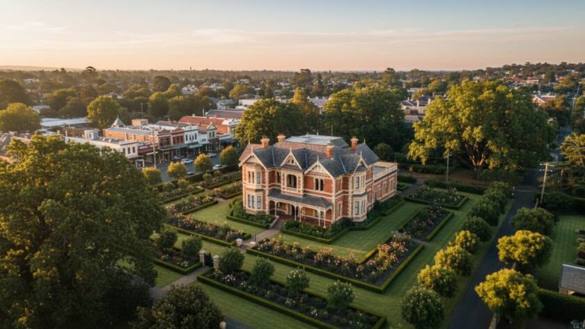 A vibrant drone shot showcasing Camberwell drone photography elevating local landscapes, with a classic Victorian home bathed in golden hour light, lush gardens, and bustling Maling Road village in the background, captured from a dramatic high angle during a clear sunrise, conveying the elegance and charm of the suburb.