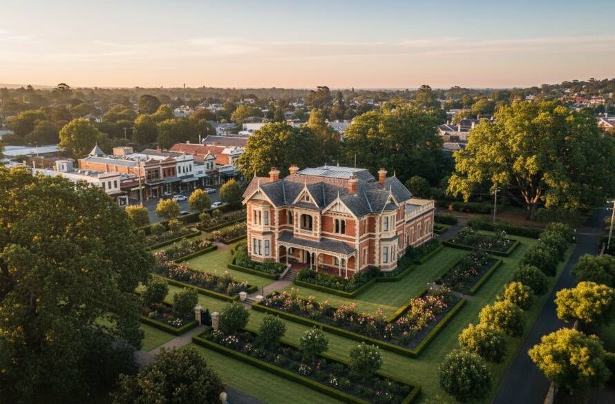 A vibrant drone shot showcasing Camberwell drone photography elevating local landscapes, with a classic Victorian home bathed in golden hour light, lush gardens, and bustling Maling Road village in the background, captured from a dramatic high angle during a clear sunrise, conveying the elegance and charm of the suburb.