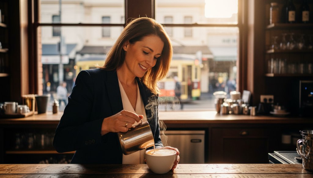 A dramatic, professionally colour-graded photograph showcasing Camberwell editorial photography capturing local Melbourne stories, featuring a local artisanal baker passionately presenting a freshly baked sourdough loaf inside a sun-drenched, historic Camberwell market stall, with blurred background activity of shoppers and natural light highlighting the texture of the bread and the baker's focused expression.
