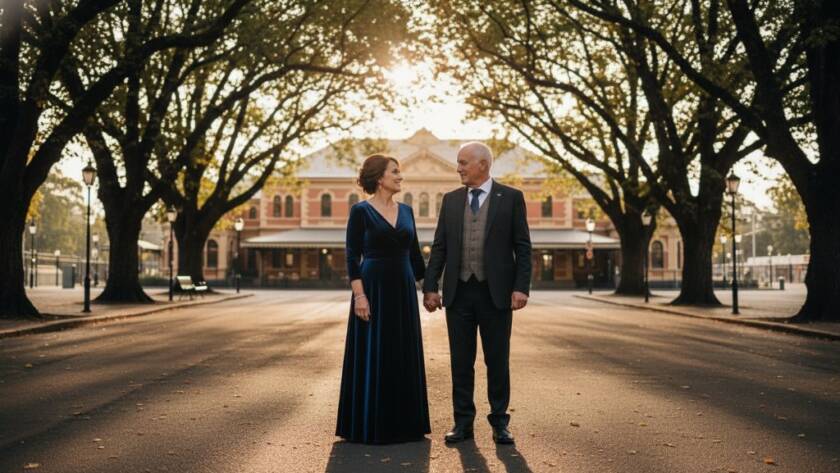 An emotive wide-angle shot of a couple embracing amidst the historic architecture of Camberwell Junction at dusk, illuminated by soft streetlights, epitomizing the elegance of Camberwell fine art photography capturing timeless stories.