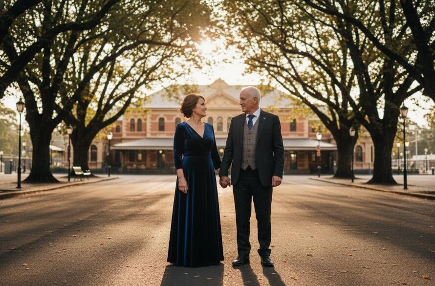 An emotive wide-angle shot of a couple embracing amidst the historic architecture of Camberwell Junction at dusk, illuminated by soft streetlights, epitomizing the elegance of Camberwell fine art photography capturing timeless stories.