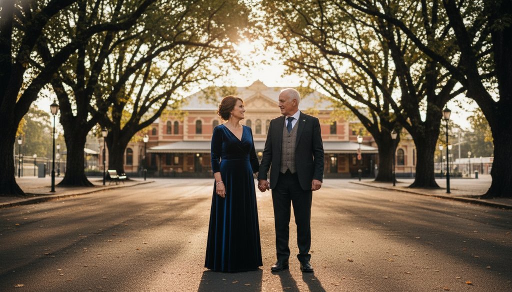 An emotive wide-angle shot of a couple embracing amidst the historic architecture of Camberwell Junction at dusk, illuminated by soft streetlights, epitomizing the elegance of Camberwell fine art photography capturing timeless stories.
