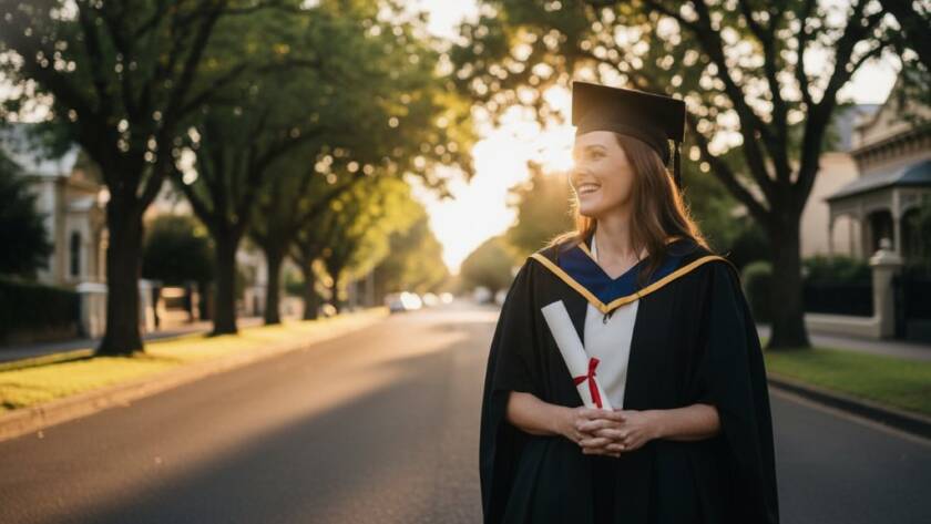 A jubilant graduate in academic regalia, cap thrown high against a dramatic sunset over a classic Camberwell streetscape, signifying their achievement in Camberwell graduation photography capturing success stories, professional and color graded.