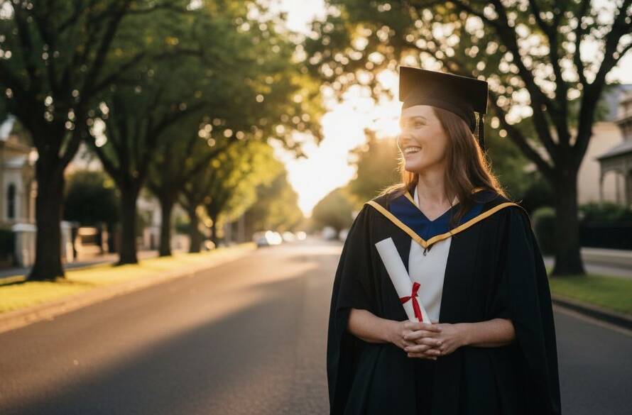 A jubilant graduate in academic regalia, cap thrown high against a dramatic sunset over a classic Camberwell streetscape, signifying their achievement in Camberwell graduation photography capturing success stories, professional and color graded.