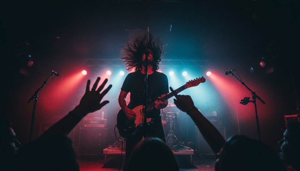 Dynamic wide-angle shot showcasing a lead singer mid-scream with spotlight on stage at a vibrant Camberwell live music event, expertly captured by Camberwell Live Music Photography Expertise, depicting the raw energy and crowd excitement with dramatic lighting.