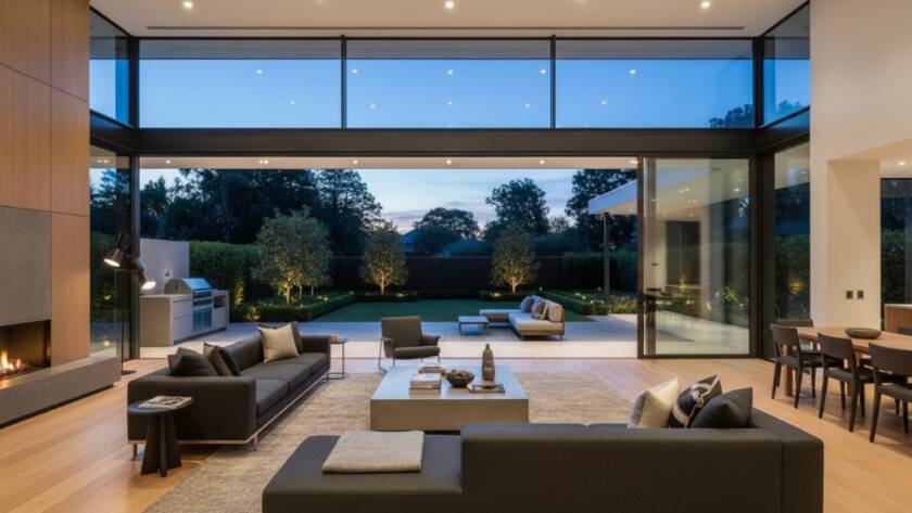 An exquisite, professionally lit living room of a modern luxury home in Camberwell, Victoria, showcasing the spacious interior and high-end finishes through professional wide-angle real estate photography, exemplifying how Camberwell luxury home photography elevates property listings.
