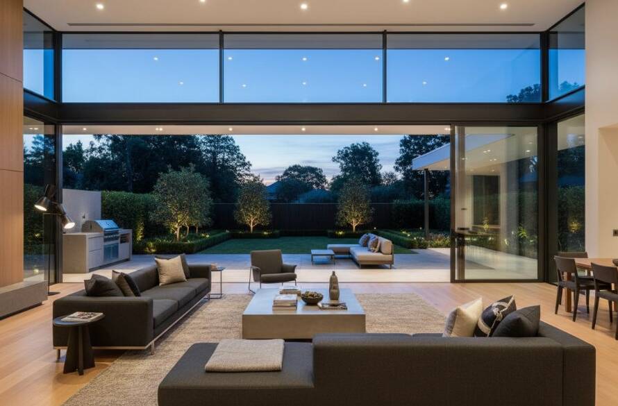 An exquisite, professionally lit living room of a modern luxury home in Camberwell, Victoria, showcasing the spacious interior and high-end finishes through professional wide-angle real estate photography, exemplifying how Camberwell luxury home photography elevates property listings.
