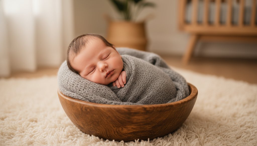 A breathtaking close-up of a peacefully sleeping newborn baby in Camberwell, adorned in soft neutral tones, with gentle diffused light illuminating their delicate features, perfectly encapsulating Camberwell newborn photography capturing tiny miracles.