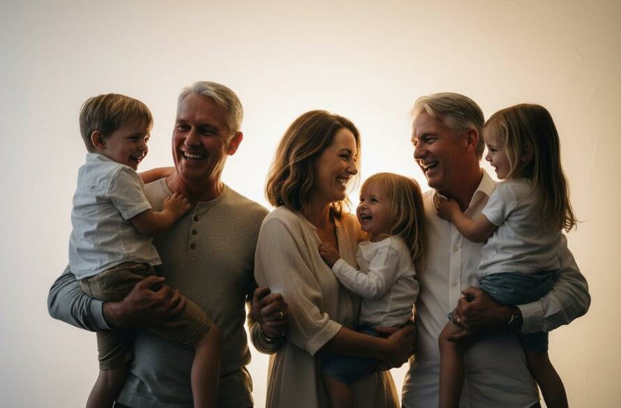A heartwarming, cinematic studio portrait captured during Camberwell studio photography for vibrant family portraits, showing a joyous family bathed in soft, dramatic lighting, creating an unforgettable, 'epic moment' of connection and love.