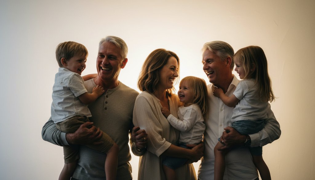 A heartwarming, cinematic studio portrait captured during Camberwell studio photography for vibrant family portraits, showing a joyous family bathed in soft, dramatic lighting, creating an unforgettable, 'epic moment' of connection and love.