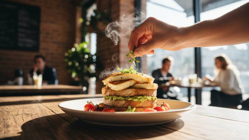 A close-up, dramatic shot of a beautifully styled brunch plate with vibrant colours and steam rising, expertly captured through professional Camberwell vibrant cafe food photography, showcasing a perfect culinary moment in a stylish Camberwell cafe.