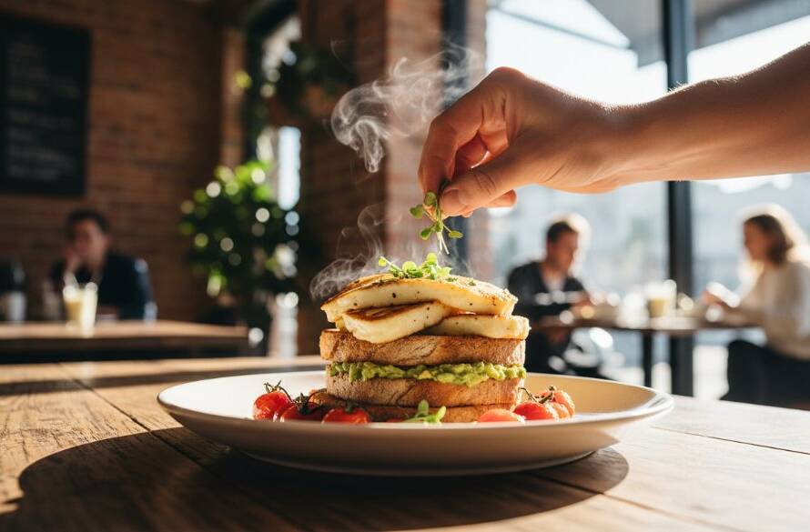A close-up, dramatic shot of a beautifully styled brunch plate with vibrant colours and steam rising, expertly captured through professional Camberwell vibrant cafe food photography, showcasing a perfect culinary moment in a stylish Camberwell cafe.