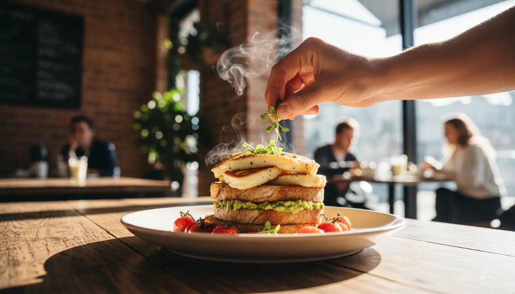 A close-up, dramatic shot of a beautifully styled brunch plate with vibrant colours and steam rising, expertly captured through professional Camberwell vibrant cafe food photography, showcasing a perfect culinary moment in a stylish Camberwell cafe.