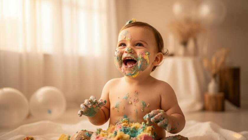 An adorable one-year-old child in Camberwell Victoria first birthday cake smash photography, covered in cake, laughing joyfully amidst a dreamy, professional setup with soft golden lighting, captured as an epic moment of pure delight.