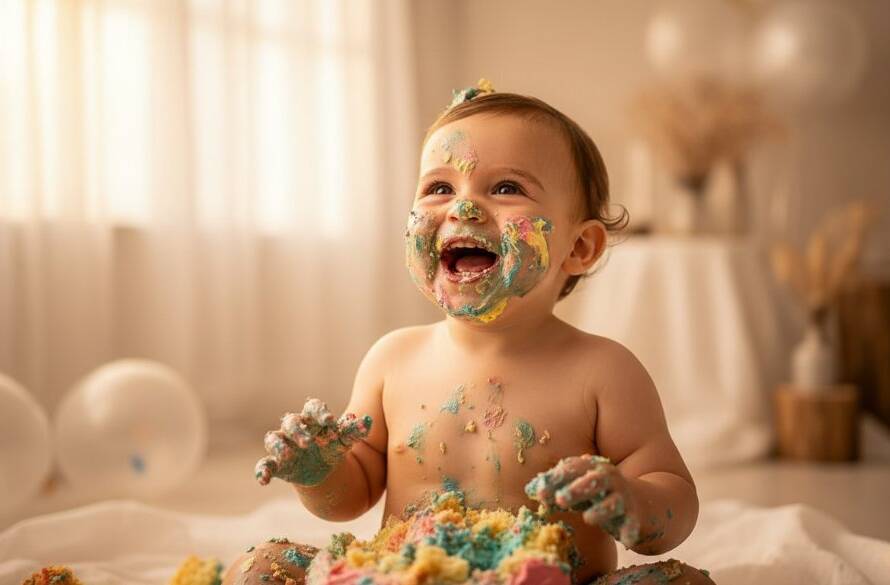 An adorable one-year-old child in Camberwell Victoria first birthday cake smash photography, covered in cake, laughing joyfully amidst a dreamy, professional setup with soft golden lighting, captured as an epic moment of pure delight.