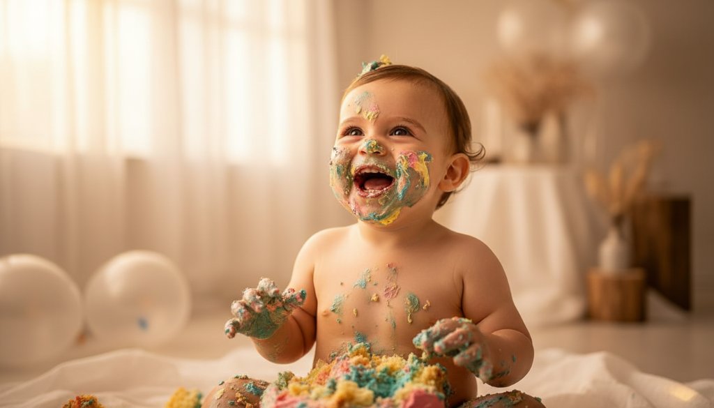 An adorable one-year-old child in Camberwell Victoria first birthday cake smash photography, covered in cake, laughing joyfully amidst a dreamy, professional setup with soft golden lighting, captured as an epic moment of pure delight.