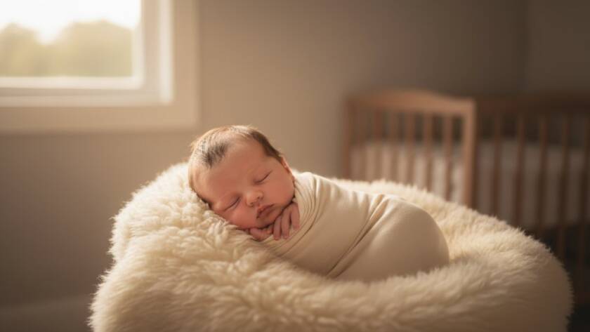 A breathtaking, warm-toned close-up of a newborn baby swaddled in soft white fabric, sleeping peacefully in a rustic wooden basket, with soft, golden hour light filtering through a window in a beautiful Camberwell home, creating a dreamy and artistic portrait, encapsulating the essence of Camberwell Victoria newborn photography timeless portraits.