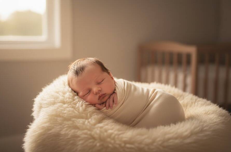 A breathtaking, warm-toned close-up of a newborn baby swaddled in soft white fabric, sleeping peacefully in a rustic wooden basket, with soft, golden hour light filtering through a window in a beautiful Camberwell home, creating a dreamy and artistic portrait, encapsulating the essence of Camberwell Victoria newborn photography timeless portraits.