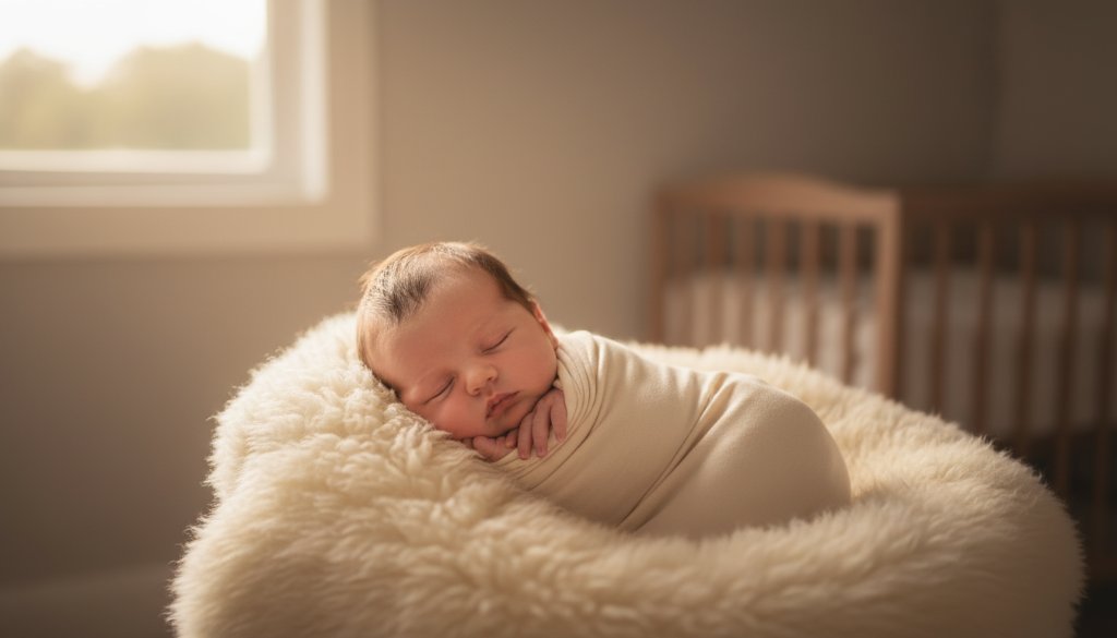 A breathtaking, warm-toned close-up of a newborn baby swaddled in soft white fabric, sleeping peacefully in a rustic wooden basket, with soft, golden hour light filtering through a window in a beautiful Camberwell home, creating a dreamy and artistic portrait, encapsulating the essence of Camberwell Victoria newborn photography timeless portraits.