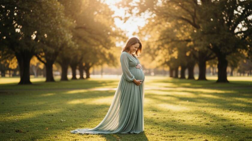 A radiant expecting mother in a soft, flowing dress, silhouetted against a golden sunset in a leafy Camberwell park, gently touching her baby bump. The scene, captured during a Camberwell Victoria radiant maternity photography session, features dramatic backlighting and a warm, dreamy atmosphere.