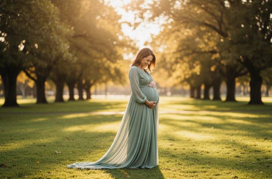 A radiant expecting mother in a soft, flowing dress, silhouetted against a golden sunset in a leafy Camberwell park, gently touching her baby bump. The scene, captured during a Camberwell Victoria radiant maternity photography session, features dramatic backlighting and a warm, dreamy atmosphere.