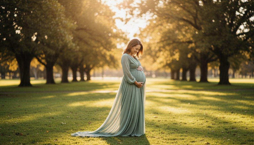 A radiant expecting mother in a soft, flowing dress, silhouetted against a golden sunset in a leafy Camberwell park, gently touching her baby bump. The scene, captured during a Camberwell Victoria radiant maternity photography session, features dramatic backlighting and a warm, dreamy atmosphere.