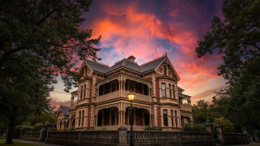 A dramatic sunset shot highlighting the intricate facade of a grand Victorian era mansion in Camberwell, showcasing the elegance of Camberwell Victorian Architecture Photography Guide through professional, color-graded photography.