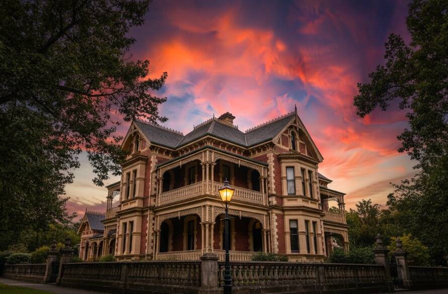A dramatic sunset shot highlighting the intricate facade of a grand Victorian era mansion in Camberwell, showcasing the elegance of Camberwell Victorian Architecture Photography Guide through professional, color-graded photography.