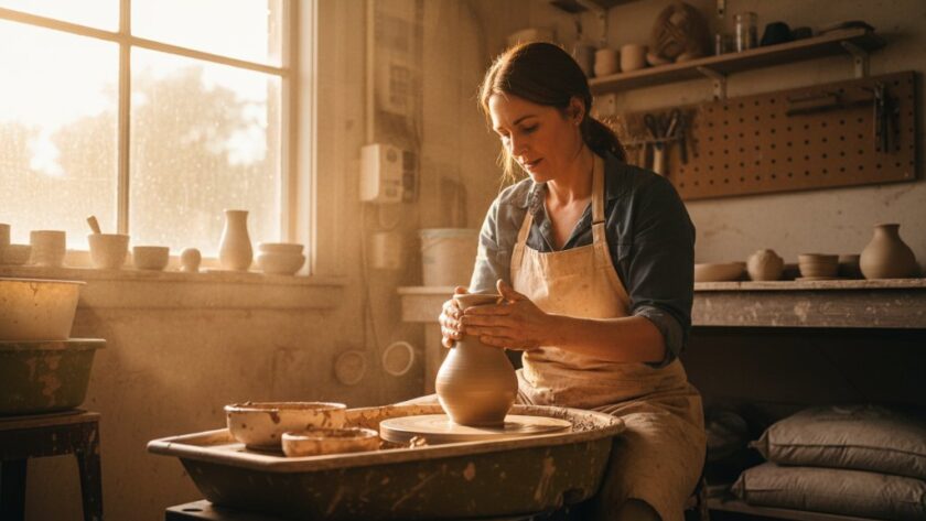 A dramatic wide-angle shot of a local artisanal potter in Canadian Victoria proudly presenting a perfectly crafted ceramic vase in a sun-drenched, rustic studio, embodying Canadian Victoria advertising photography success with authentic warmth and craft.