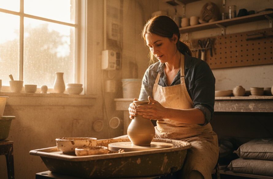 A dramatic wide-angle shot of a local artisanal potter in Canadian Victoria proudly presenting a perfectly crafted ceramic vase in a sun-drenched, rustic studio, embodying Canadian Victoria advertising photography success with authentic warmth and craft.