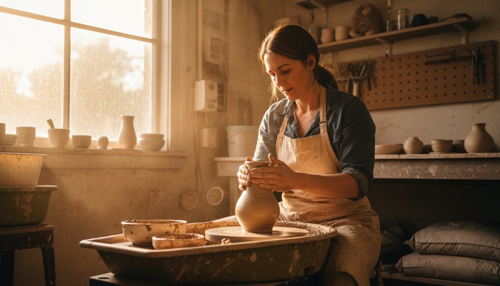 A dramatic wide-angle shot of a local artisanal potter in Canadian Victoria proudly presenting a perfectly crafted ceramic vase in a sun-drenched, rustic studio, embodying Canadian Victoria advertising photography success with authentic warmth and craft.
