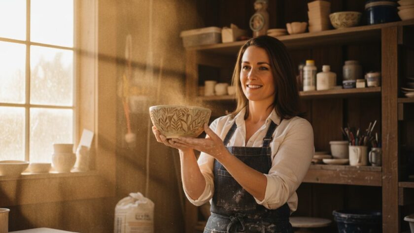 Dramatic wide shot showcasing Canadian Victoria Commercial Photography Experts in action, capturing a vibrant local business owner proudly presenting handcrafted goods in a sunlit artisan workshop, with rich, professional colour grading and dynamic composition.