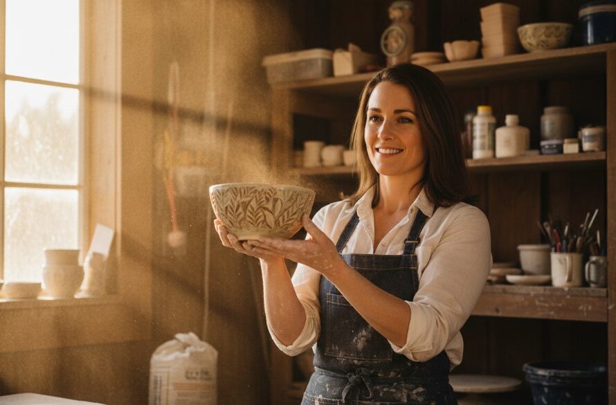 Dramatic wide shot showcasing Canadian Victoria Commercial Photography Experts in action, capturing a vibrant local business owner proudly presenting handcrafted goods in a sunlit artisan workshop, with rich, professional colour grading and dynamic composition.