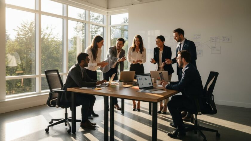 Dramatic shot capturing a thriving business professional in Canadian Victoria, showcasing impactful corporate photography branding solutions, with dynamic lighting and a modern architectural backdrop.