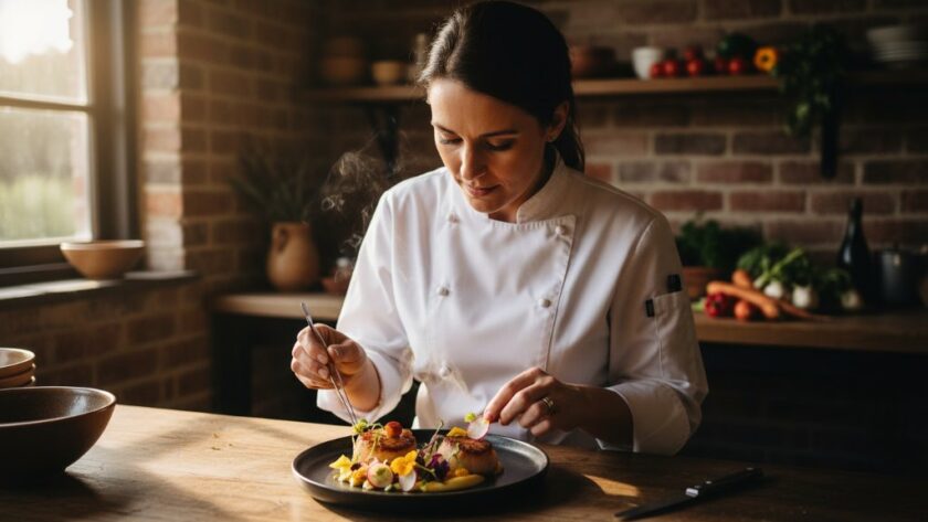 A chef meticulously garnishing a gourmet dish in a dramatically lit kitchen, showcasing Canadian Victoria culinary photography excellence with vibrant colours and a professional finish.