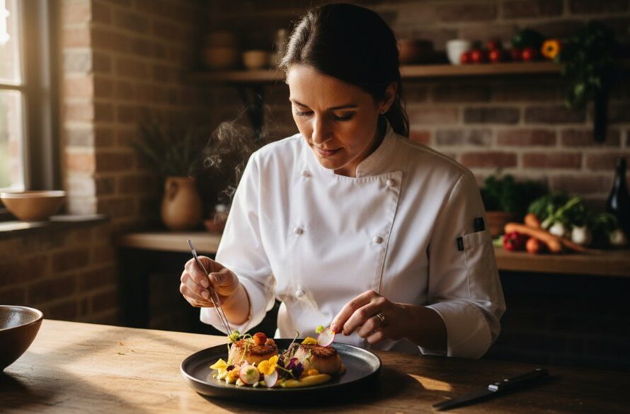 A chef meticulously garnishing a gourmet dish in a dramatically lit kitchen, showcasing Canadian Victoria culinary photography excellence with vibrant colours and a professional finish.