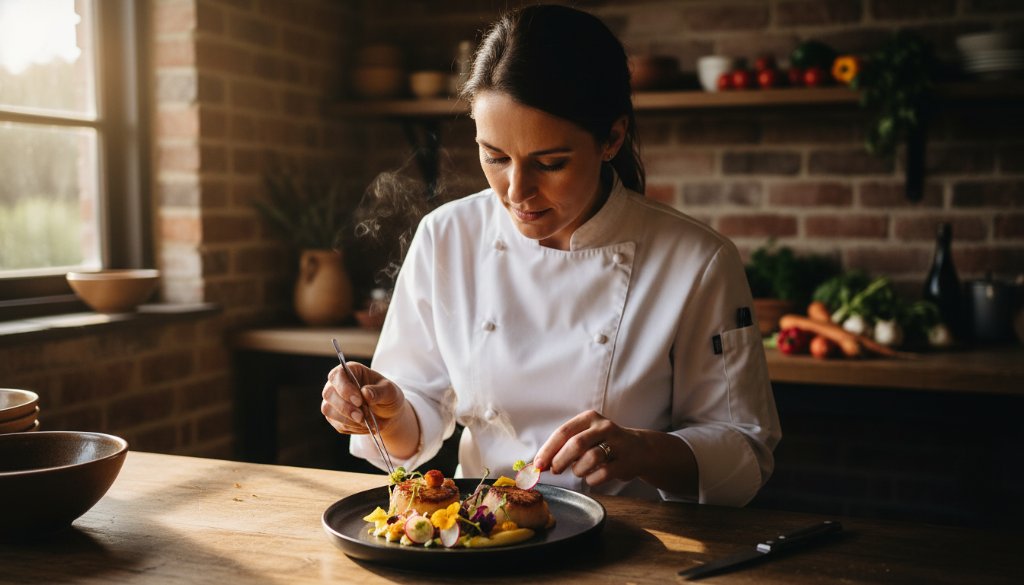 A chef meticulously garnishing a gourmet dish in a dramatically lit kitchen, showcasing Canadian Victoria culinary photography excellence with vibrant colours and a professional finish.