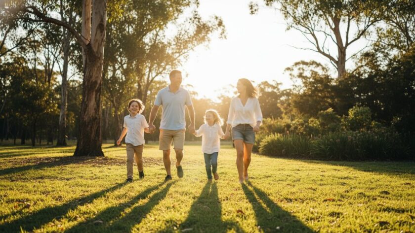A Canadian Victoria family photographer captures real joy: A wide shot of a family (parents, two children) laughing heartily, running through golden afternoon light in a lush, green park in Canadian, Victoria, autumn leaves scattered, professional cinematic style.