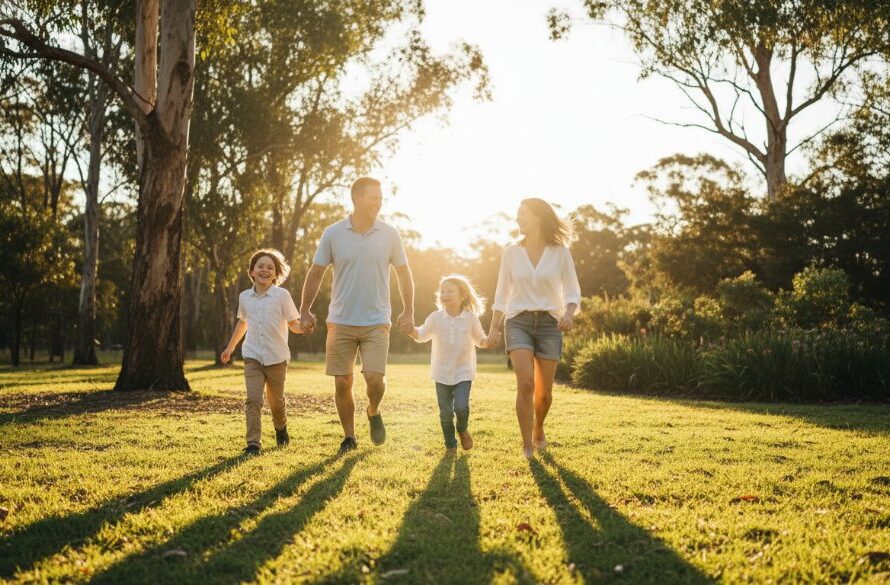 A Canadian Victoria family photographer captures real joy: A wide shot of a family (parents, two children) laughing heartily, running through golden afternoon light in a lush, green park in Canadian, Victoria, autumn leaves scattered, professional cinematic style.