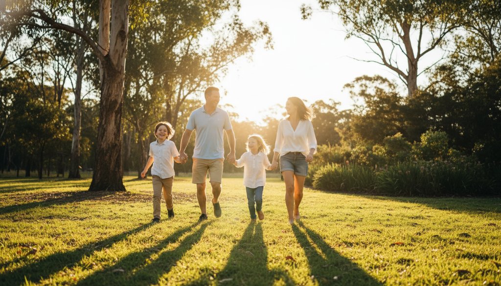 A Canadian Victoria family photographer captures real joy: A wide shot of a family (parents, two children) laughing heartily, running through golden afternoon light in a lush, green park in Canadian, Victoria, autumn leaves scattered, professional cinematic style.