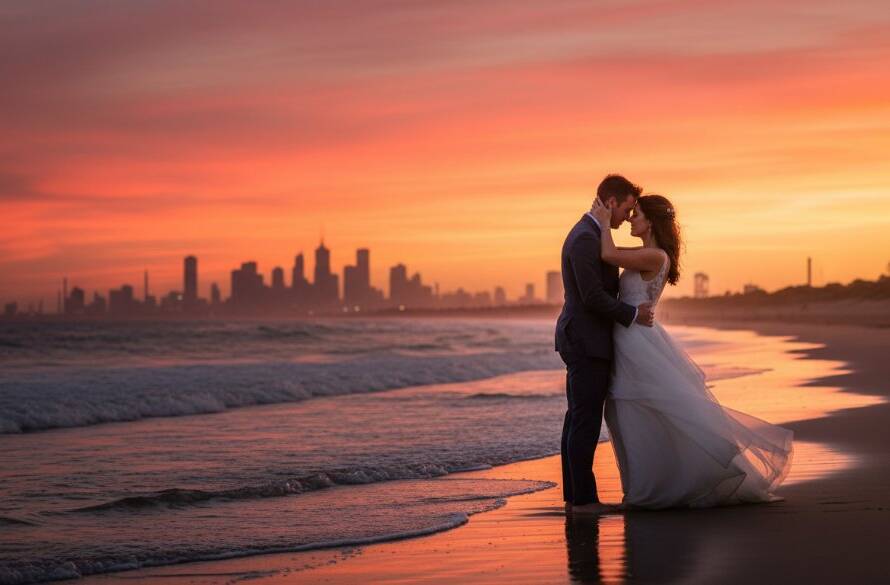 A newlywed couple shares a tender, candid moment at sunset near the Altona North foreshore, capturing timeless authentic wedding photography Victoria. The warm, golden light bathes them as waves gently lap the shore, highlighting their joyful connection. Professional, color-graded, cinematic style.